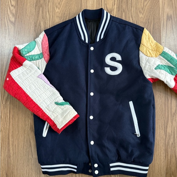 Rework Varsity Jacket with Antique Quilt Sleeve - Picture 2 of 5